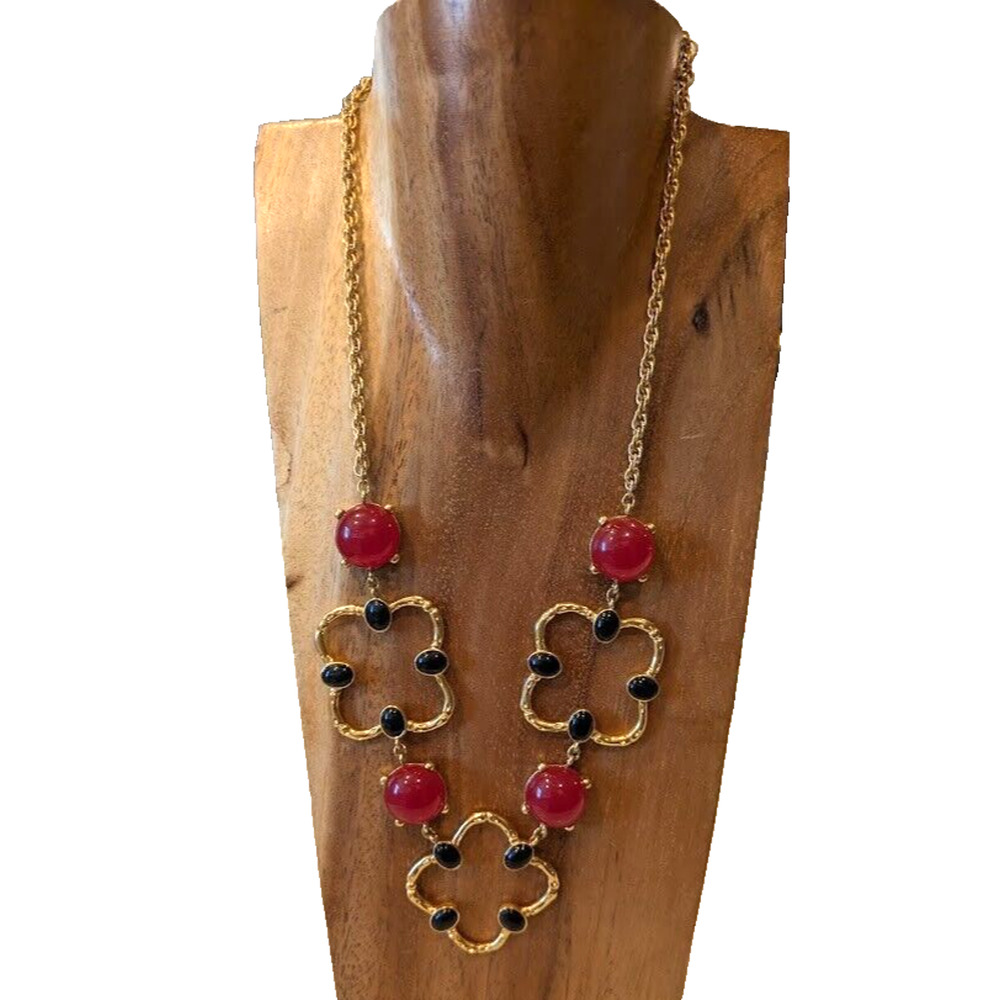 VTG Art Deco Coloured Black Red Beads Gold Tone Clover Statement Necklace Rare